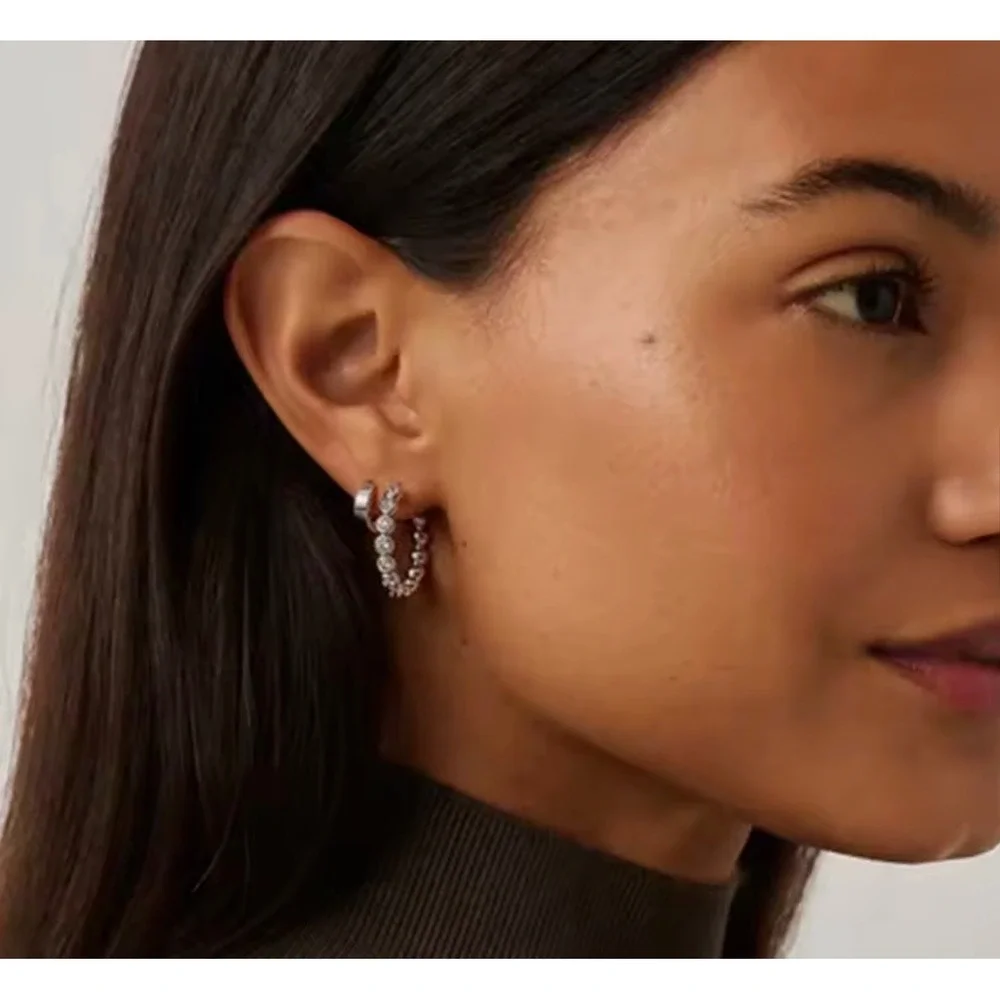 Gold Plated Bezel‎ 18k Moissanite Bubble Hoop Earrings Round Clear Huggies